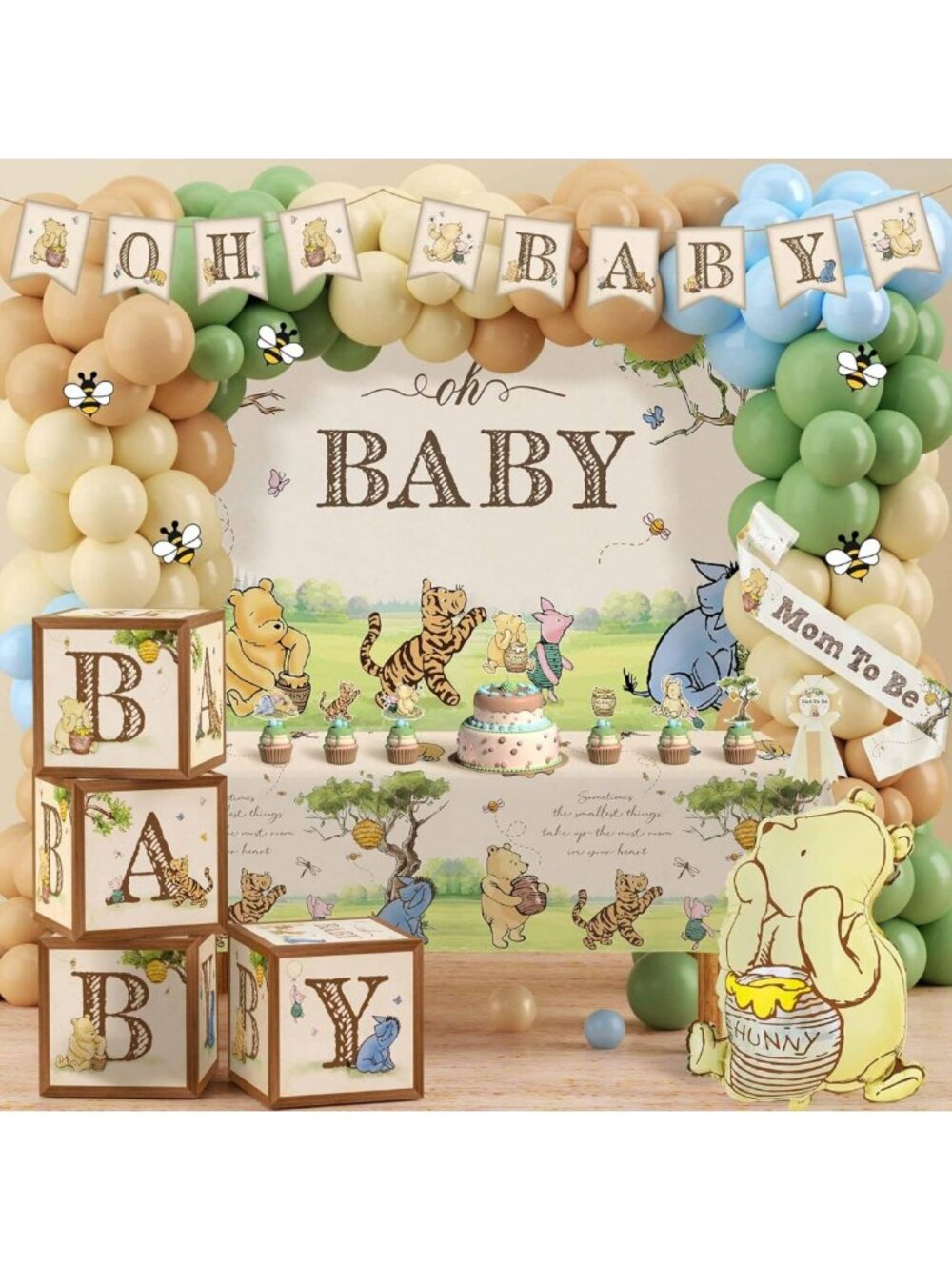 Neutral Pooh Baby Shower Decorations Set | Balloon Arch, Backdrop, Cake Toppers